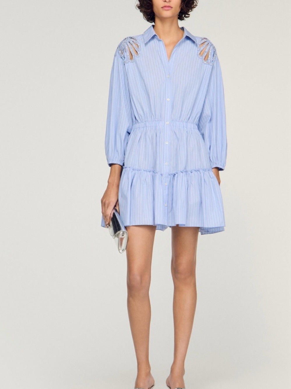 Light Blue Striped Mini Dress with Cutout Shoulder Details